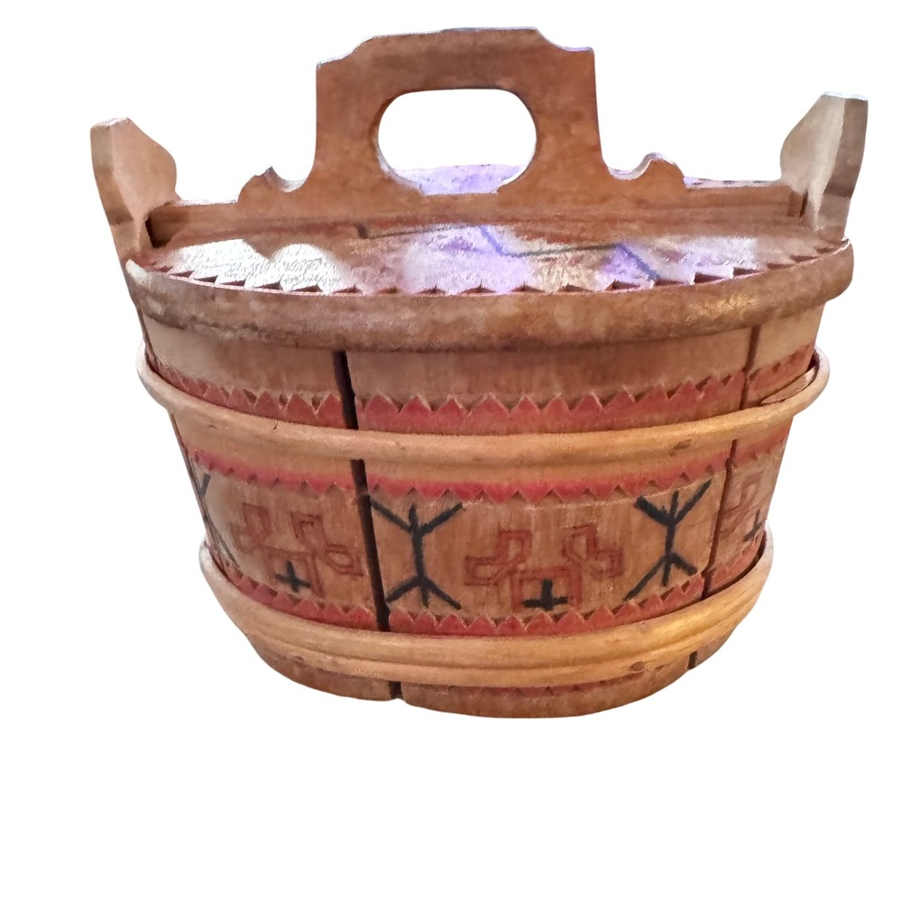 Vintage Hand Carved‎ Wooden Tine Box Folk Art Norwegian Style Painted Small